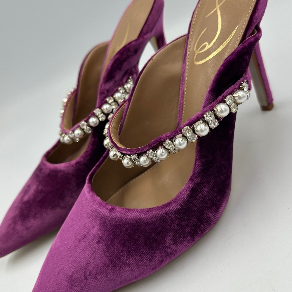 Sam Edelman Hyland Velvet Mule Heels 6.5 Purple Pearl Crystal Strap Glam Y2K NIB